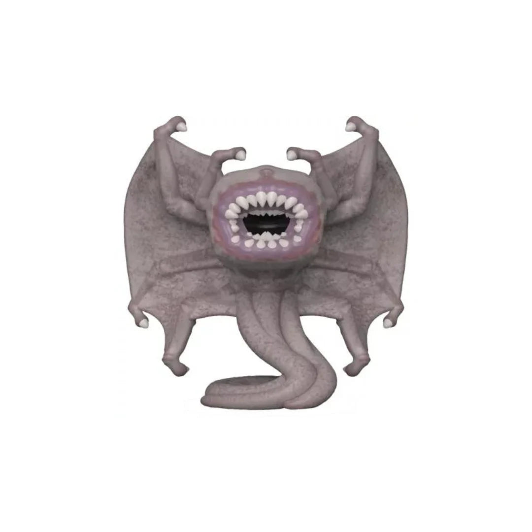 Gray bat-like creature with a wide open mouth on a white background
